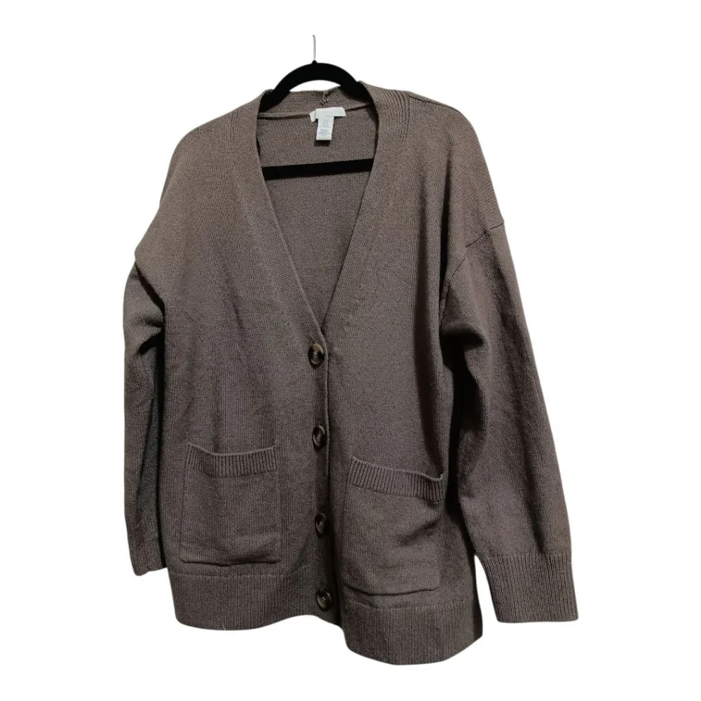 H&M Wool Blend Sage Oversized Side Slit Knit Cardigan Button Front with Pockets